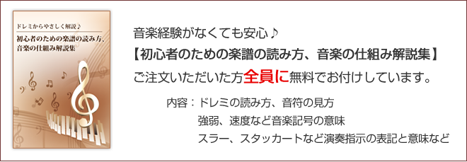 音楽経験がなくても安心♪【初心者のための楽譜の読み方、音楽の仕組み解説集】をご注文頂いた方全員に無料でお付けしています。