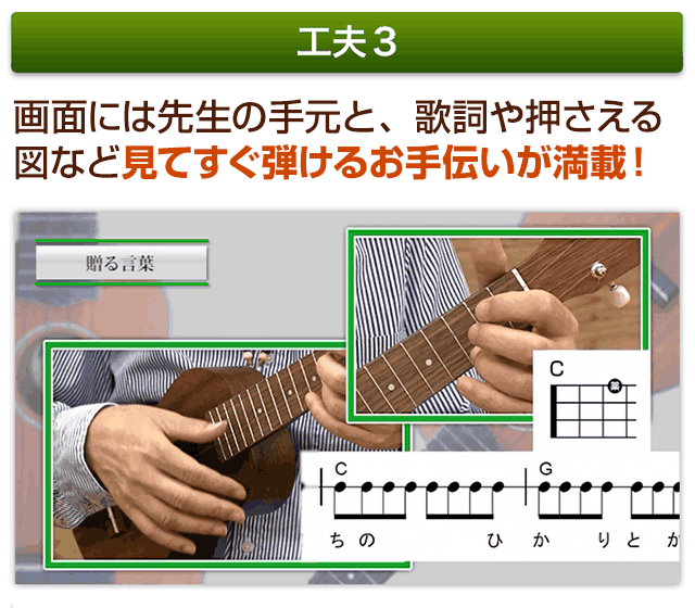 画面には先生の手元と、歌詞や押さえる図など見てすぐ弾けるお手伝いが満載！