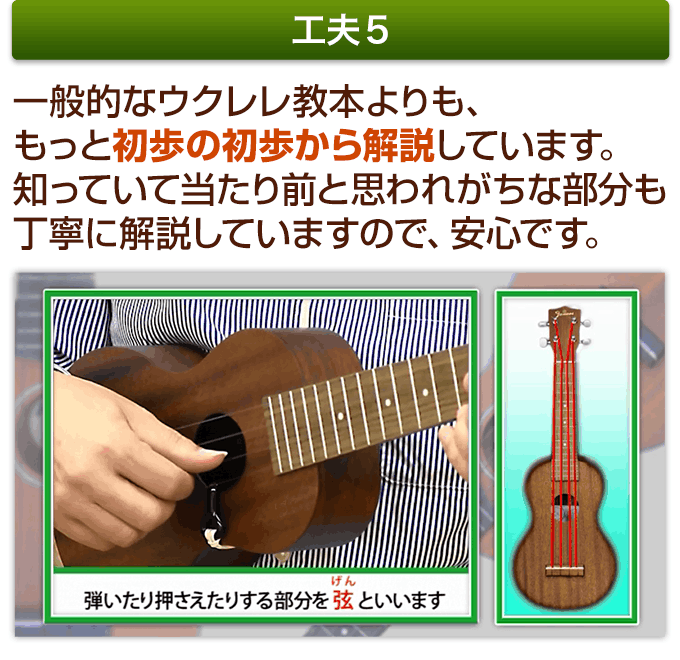 一般的なウクレレ教本よりも、もっと初歩の初歩から解説しています。 知っていて当たり前と思われがちな部分も丁寧に解説していますので、安心です。
